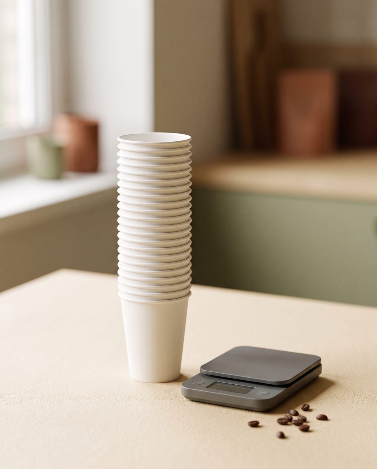 Tumpukan cup kertas putih kosong di samping timbangan digital dan beberapa biji kopi.