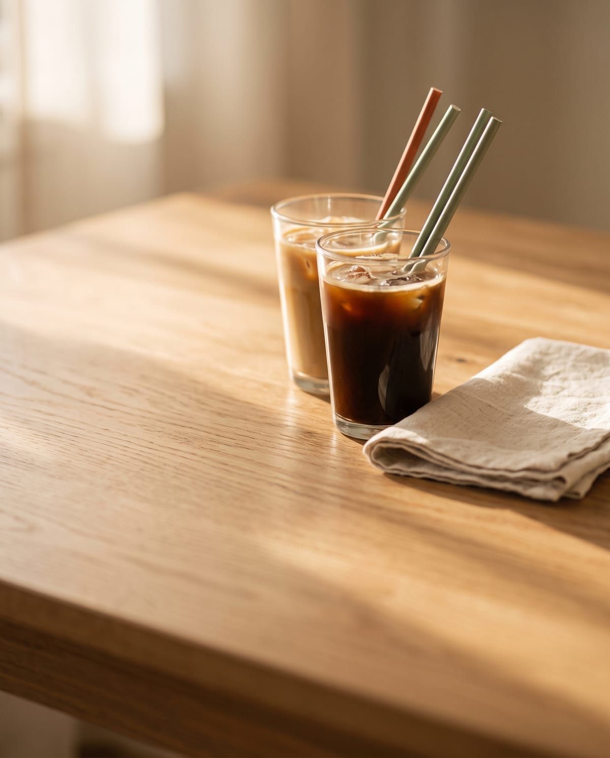 Dua gelas kopi di meja kayu dengan sedotan kertas warna terracotta dan sage.