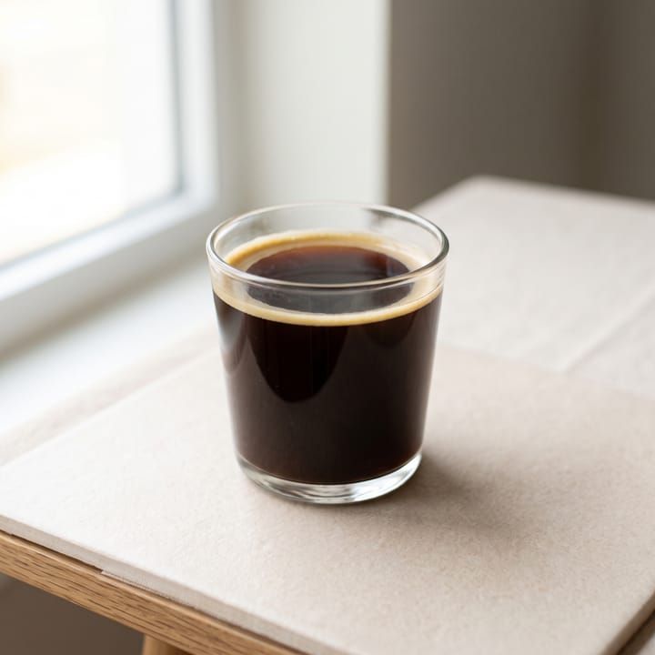Americano hitam dalam gelas bening tanpa susu.