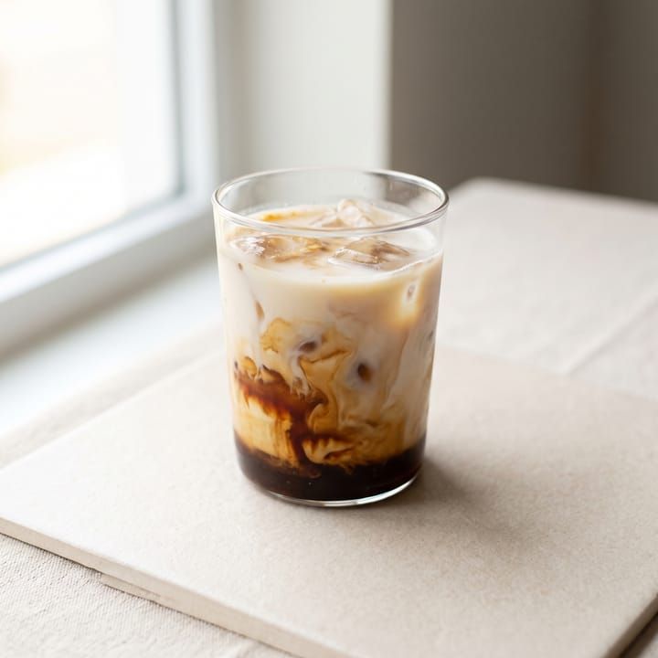 Es aren latte dalam gelas bening dengan lapisan gula aren yang terlihat.