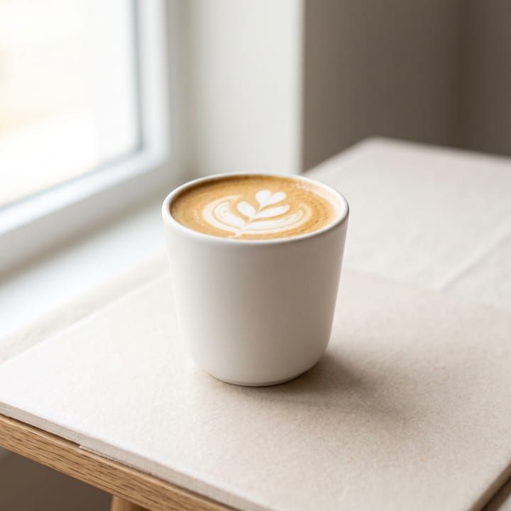 Café latte panas dalam cup keramik putih dengan latte art sederhana.