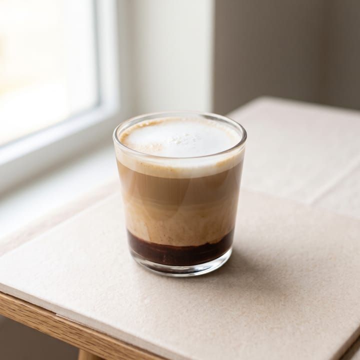 Caffè mocha dalam gelas bening dengan lapisan cokelat di dasar gelas.