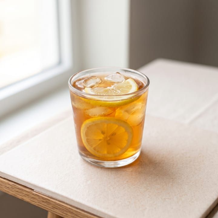 Es lemon tea dalam gelas bening dengan irisan lemon, tanpa susu.