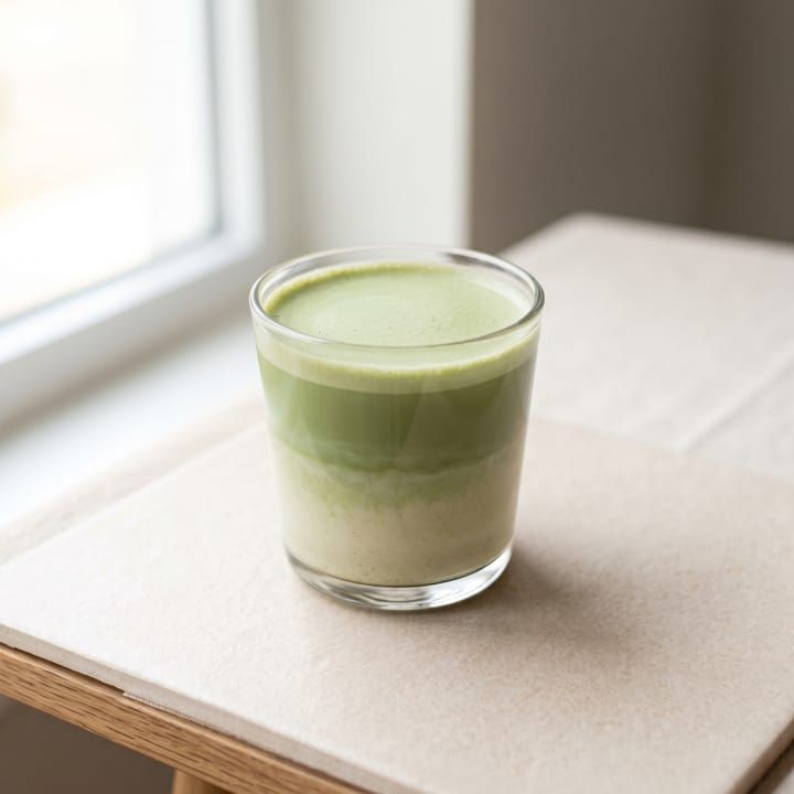 Matcha latte dalam gelas bening dengan warna hijau lembut.