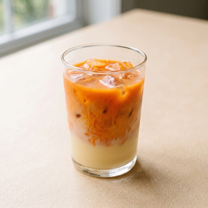Es thai tea dalam gelas bening dengan lapisan oranye di atas susu.