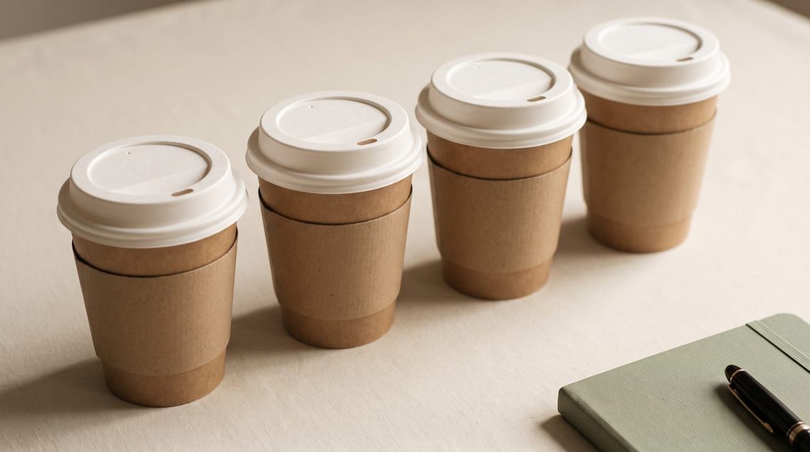 Empat cup kopi takeaway berjajar rapi di samping sebuah buku catatan.