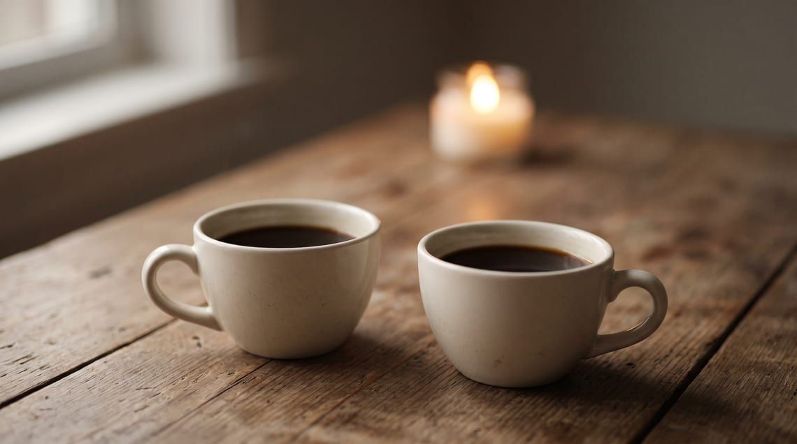 Dua cup kopi hangat di meja kayu dengan cahaya lilin lembut di belakang.