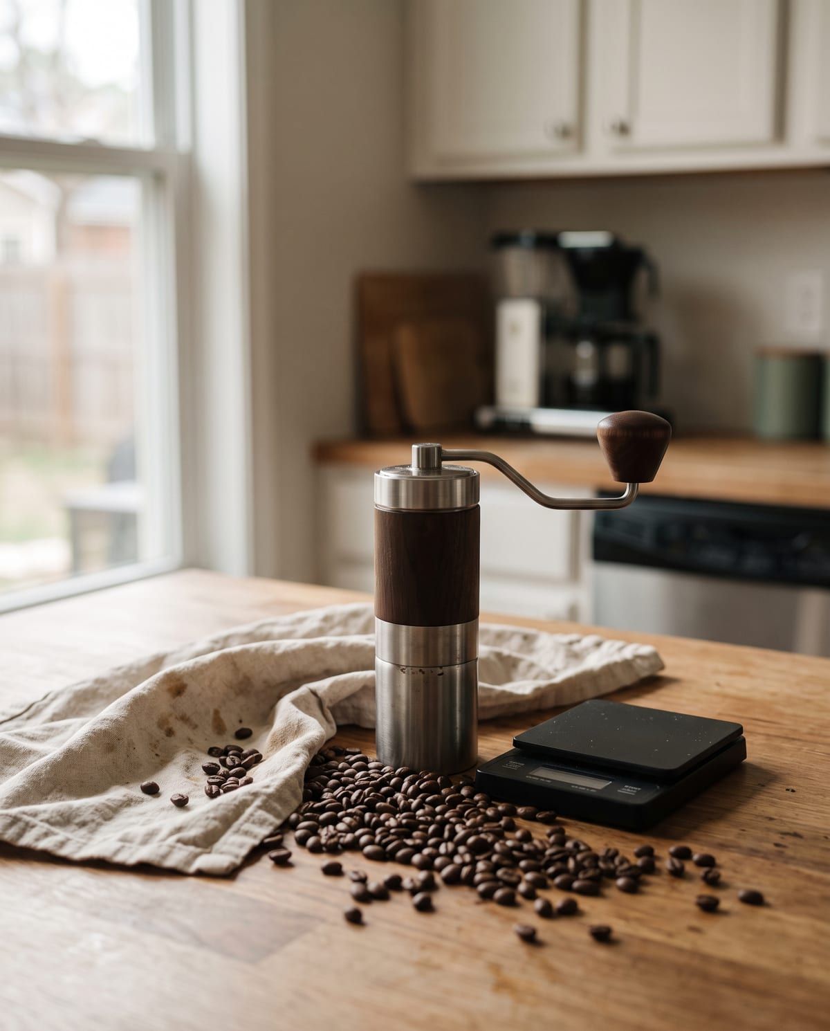 Grinder manual, timbangan, dan biji kopi di meja dapur rumah.
